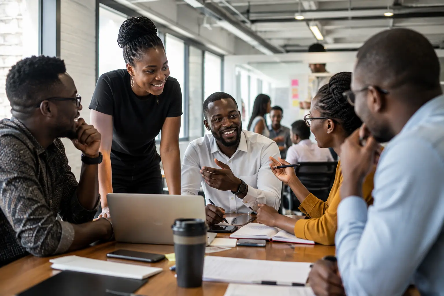 Diverse group of professionals in a bright collaborative workspace